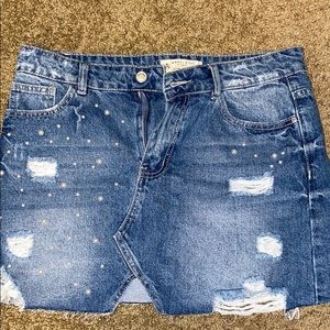 Ripped Jean Skirt with Pearls